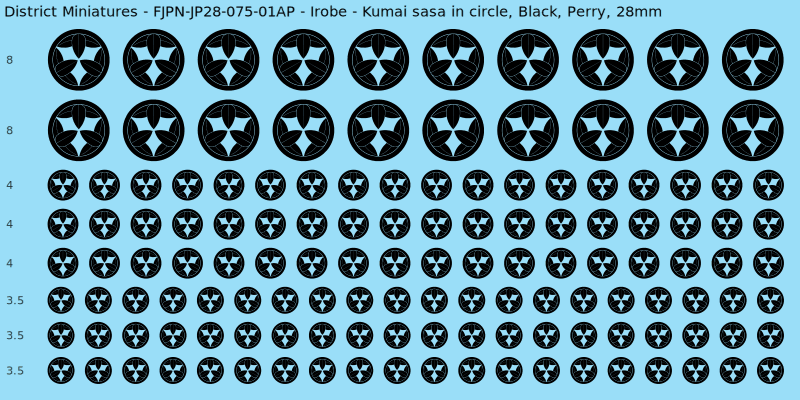 Irobe clan mon, Black waterslide decal sheet, Perry banner sizes, 28mm