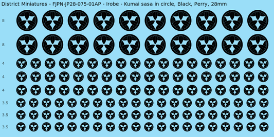 Irobe clan mon, Black waterslide decal sheet, Perry banner sizes, 28mm