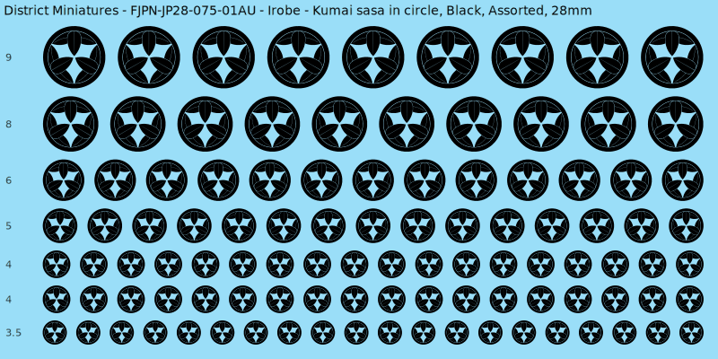 Irobe clan mon, Kumai sasa in circle, Black waterslide decal sheet, 28mm