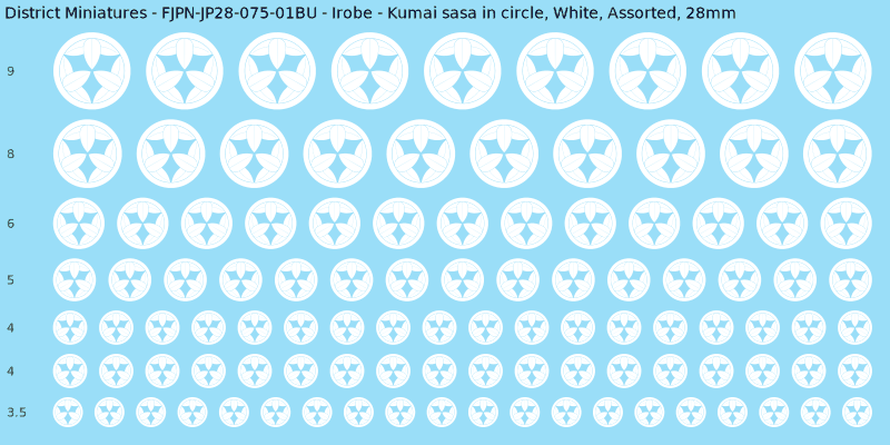 Irobe clan mon, White waterslide decal sheet, Assorted banner sizes, 28mm