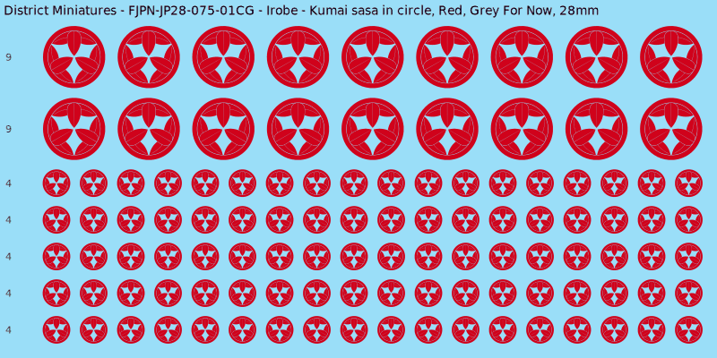 Irobe clan mon, Red waterslide decal sheet, Grey For Now banner sizes, 28mm