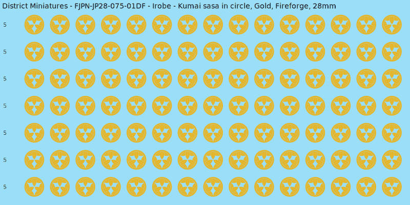 Irobe clan mon, Yellow/Gold waterslide decal sheet, Fireforge banner sizes, 28mm