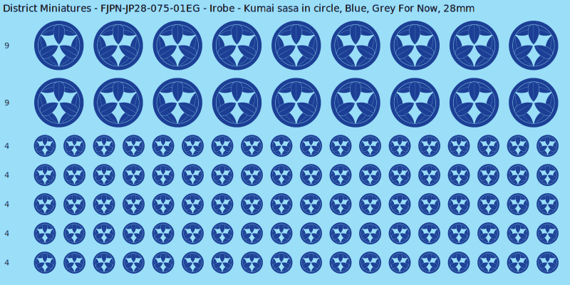 Irobe clan mon, Blue waterslide decal sheet, Grey For Now banner sizes, 28mm