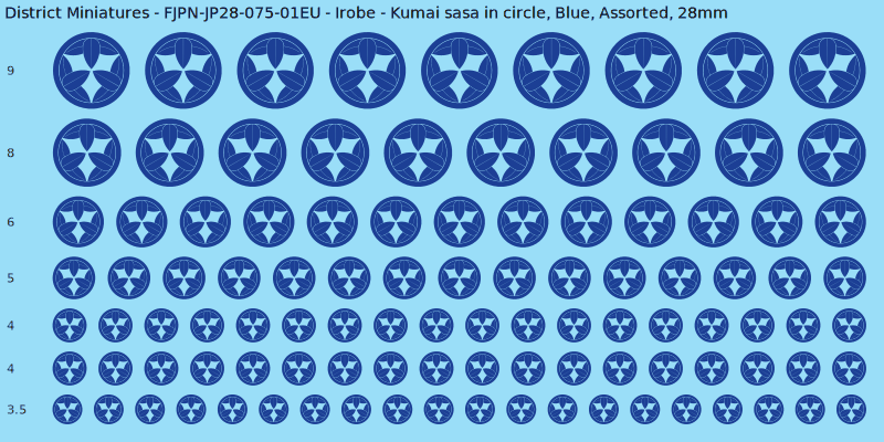 Irobe clan mon, Kumai sasa in circle, Blue waterslide decal sheet, 28mm