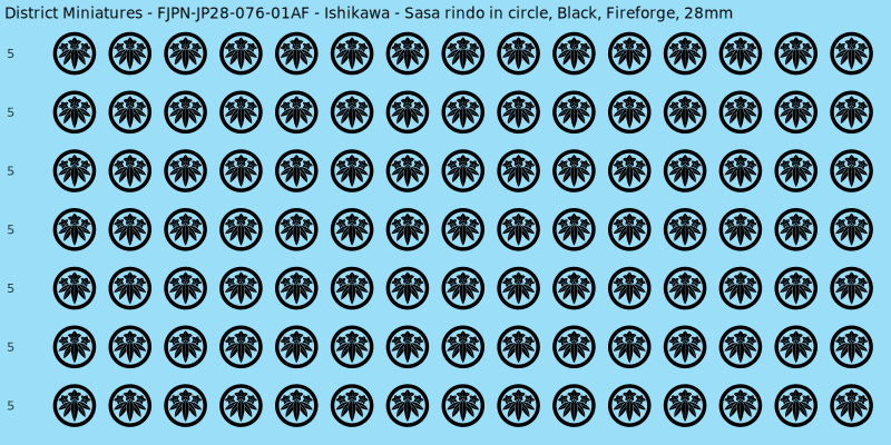 Ishikawa clan mon, Black waterslide decal sheet, Fireforge banner sizes, 28mm