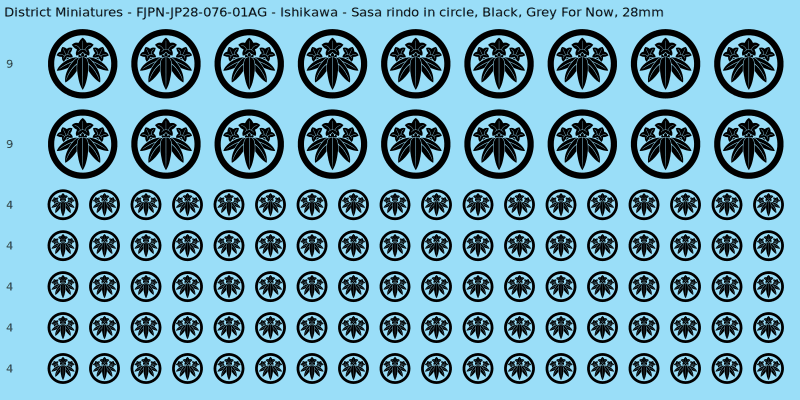 Ishikawa clan mon, Black waterslide decal sheet, Grey For Now banner sizes, 28mm