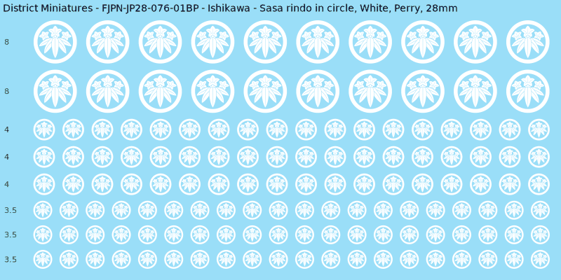 Ishikawa clan mon, White waterslide decal sheet, Perry banner sizes, 28mm