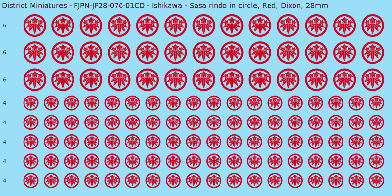 Ishikawa clan mon, Red waterslide decal sheet, Dixon banner sizes, 28mm