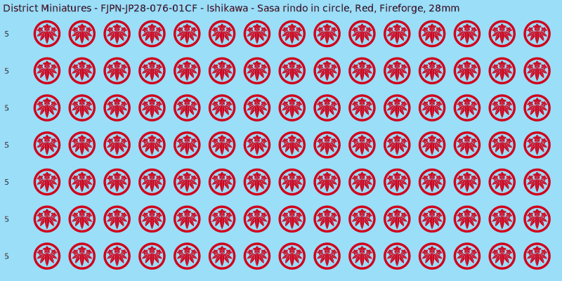 Ishikawa clan mon, Red waterslide decal sheet, Fireforge banner sizes, 28mm