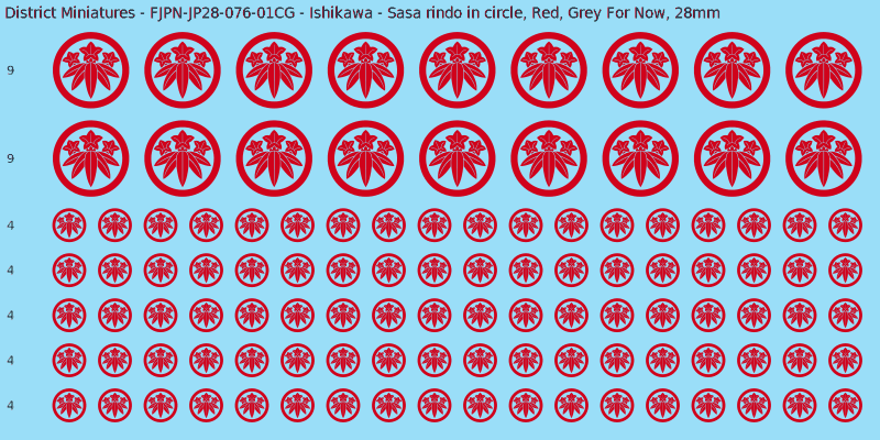 Ishikawa clan mon, Red waterslide decal sheet, Grey For Now banner sizes, 28mm