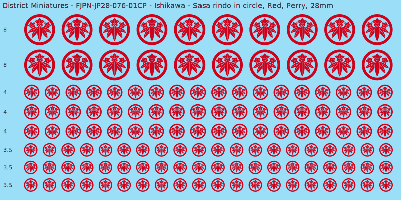 Ishikawa clan mon, Red waterslide decal sheet, Perry banner sizes, 28mm