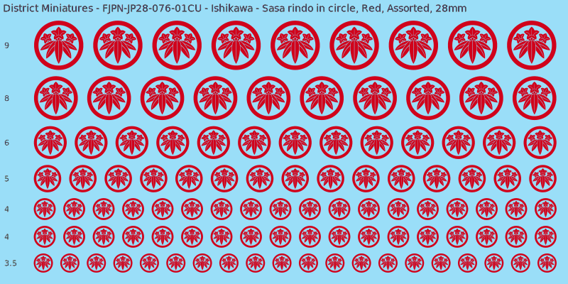 Ishikawa clan mon, Sasa rindo in circle, Red waterslide decal sheet, 28mm