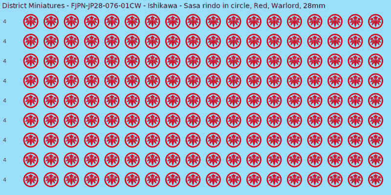 Ishikawa clan mon, Red waterslide decal sheet, Warlord banner sizes, 28mm