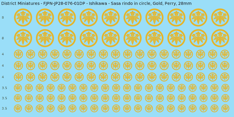 Ishikawa clan mon, Yellow/Gold waterslide decal sheet, Perry banner sizes, 28mm