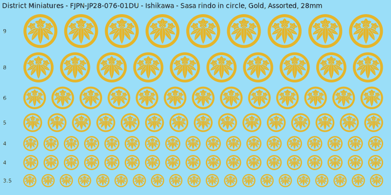 Ishikawa clan mon, Sasa rindo in circle, Gold waterslide decal sheet, 28mm