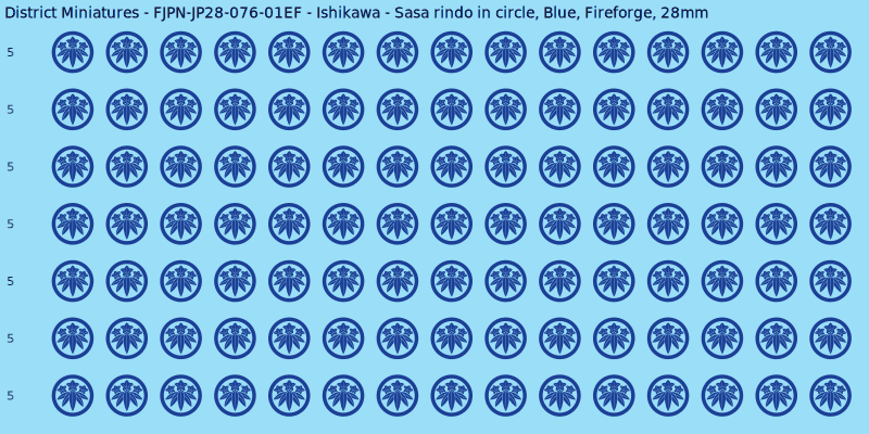 Ishikawa clan mon, Blue waterslide decal sheet, Fireforge banner sizes, 28mm