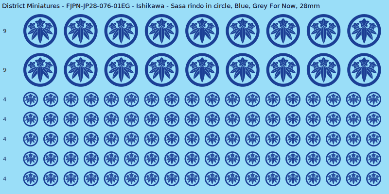 Ishikawa clan mon, Blue waterslide decal sheet, Grey For Now banner sizes, 28mm