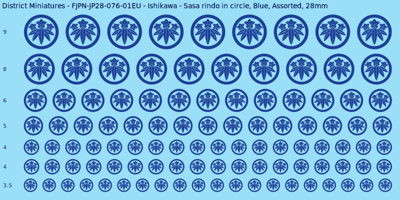 Ishikawa clan mon, Blue waterslide decal sheet, Assorted banner sizes, 28mm