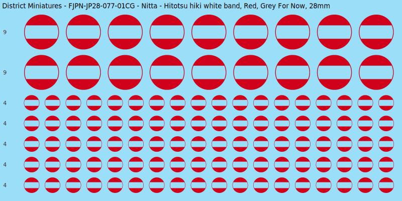 Nitta clan mon, Red waterslide decal sheet, Grey For Now banner sizes, 28mm