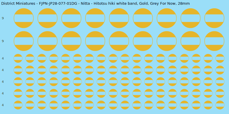 Nitta clan mon, Yellow/Gold waterslide decal sheet, Grey For Now banner sizes, 28mm