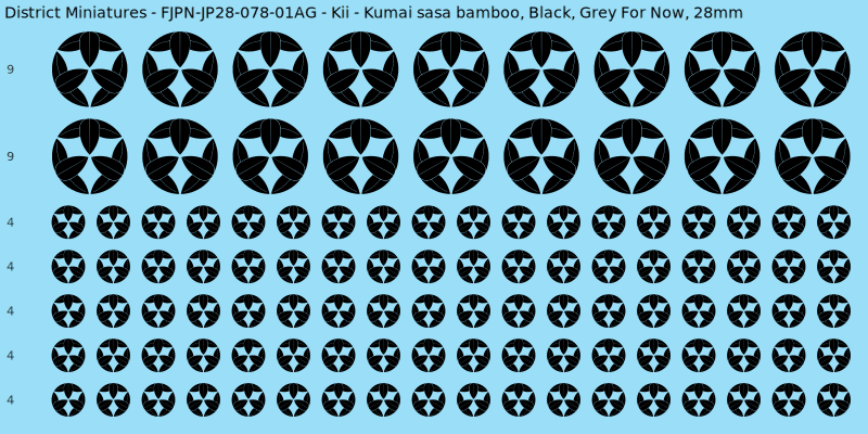 Kii clan mon, Black waterslide decal sheet, Grey For Now banner sizes, 28mm