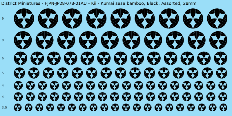 Kii clan mon, Black waterslide decal sheet, Assorted banner sizes, 28mm