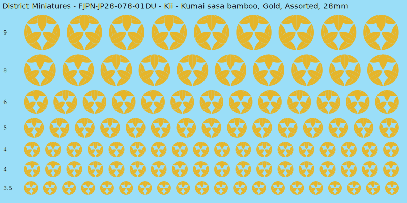 Kii clan mon, Yellow/Gold waterslide decal sheet, Assorted banner sizes, 28mm
