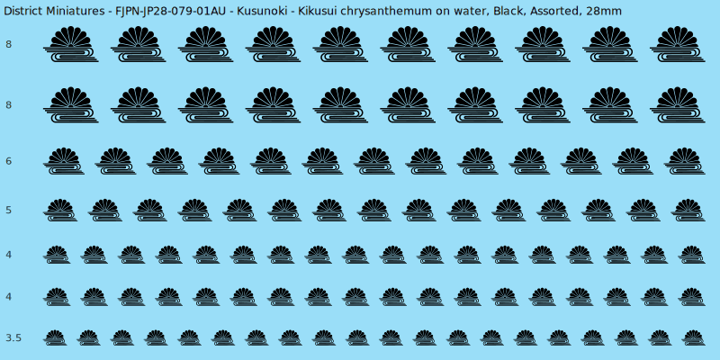 Kusunoki clan mon, Kikusui chrysanthemum on water, Black waterslide decal sheet, 28mm