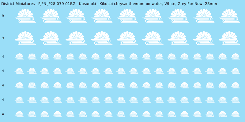 Kusunoki clan mon, White waterslide decal sheet, Grey For Now banner sizes, 28mm