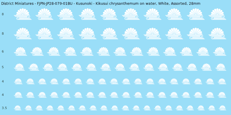 Kusunoki clan mon, Kikusui chrysanthemum on water, White waterslide decal sheet, 28mm