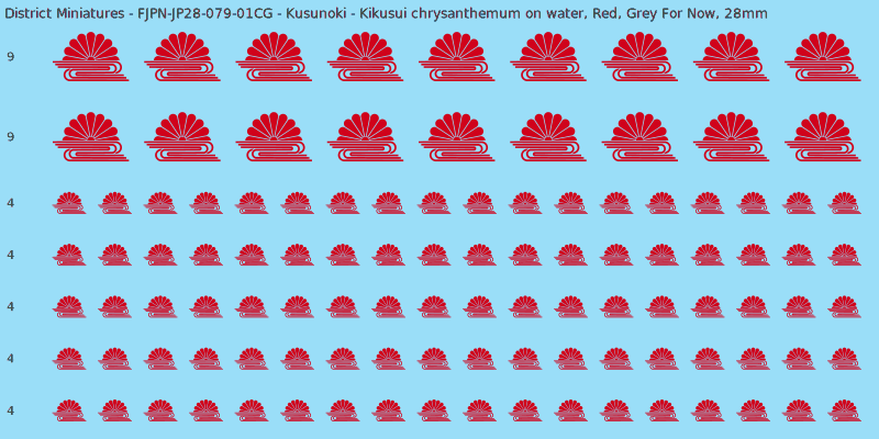 Kusunoki clan mon, Red waterslide decal sheet, Grey For Now banner sizes, 28mm