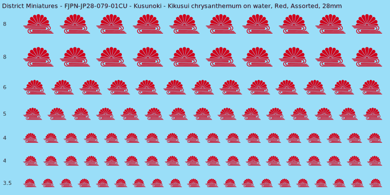 Kusunoki clan mon, Kikusui chrysanthemum on water, Red waterslide decal sheet, 28mm