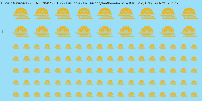 Kusunoki clan mon, Yellow/Gold waterslide decal sheet, Grey For Now banner sizes, 28mm