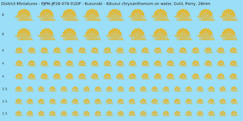 Kusunoki clan mon, Yellow/Gold waterslide decal sheet, Perry banner sizes, 28mm