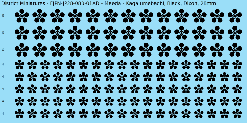 Maeda clan mon, Black waterslide decal sheet, Dixon banner sizes, 28mm