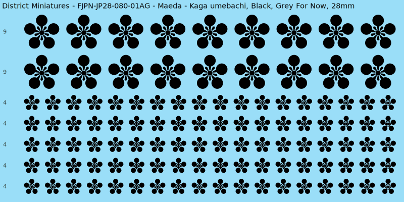 Maeda clan mon, Black waterslide decal sheet, Grey For Now banner sizes, 28mm