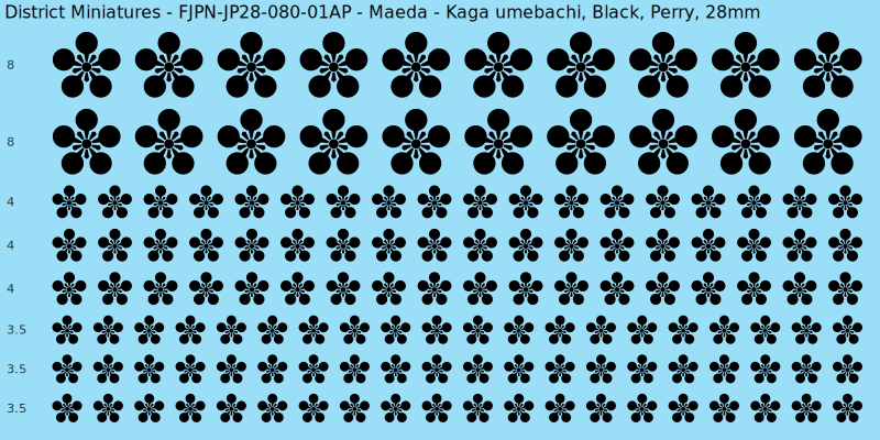 Maeda clan mon, Black waterslide decal sheet, Perry banner sizes, 28mm