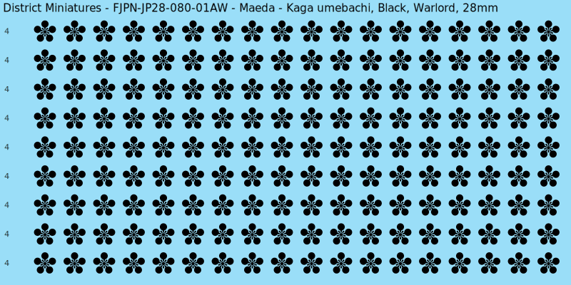 Maeda clan mon, Black waterslide decal sheet, Warlord banner sizes, 28mm