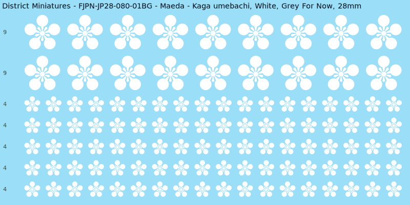 Maeda clan mon, White waterslide decal sheet, Grey For Now banner sizes, 28mm