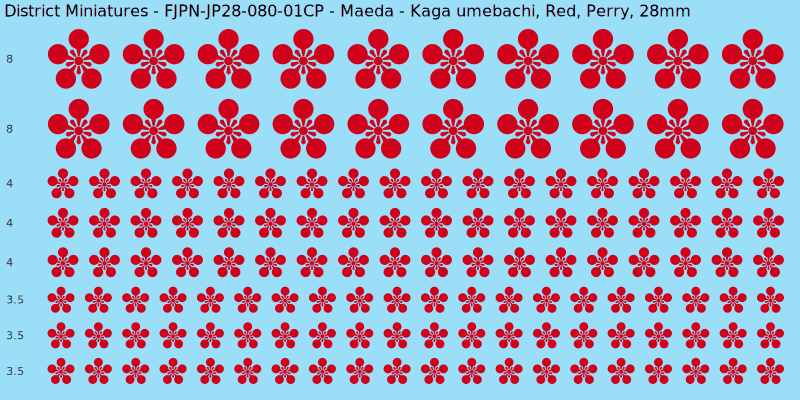 Maeda clan mon, Red waterslide decal sheet, Perry banner sizes, 28mm