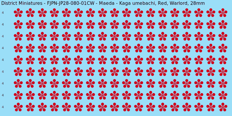 Maeda clan mon, Red waterslide decal sheet, Warlord banner sizes, 28mm