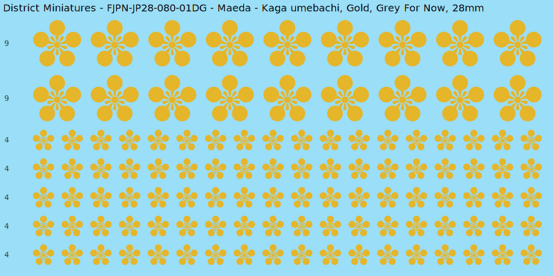 Maeda clan mon, Yellow/Gold waterslide decal sheet, Grey For Now banner sizes, 28mm