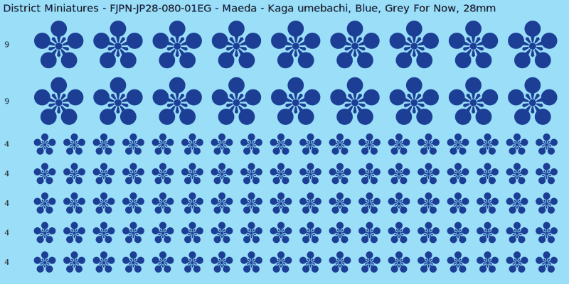 Maeda clan mon, Blue waterslide decal sheet, Grey For Now banner sizes, 28mm