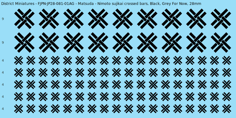 Matsuda Clan mon, Black waterslide decal sheet, Grey For Now banner sizes, 28mm