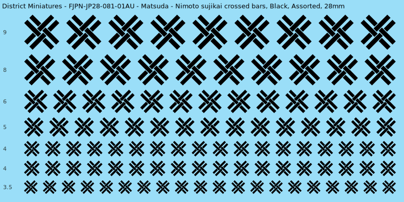 Matsuda clan mon, Nimoto sujikai crossed bars, Black waterslide decal sheet, 28mm