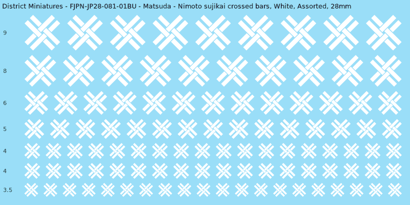 Matsuda Clan mon, White waterslide decal sheet, Assorted banner sizes, 28mm