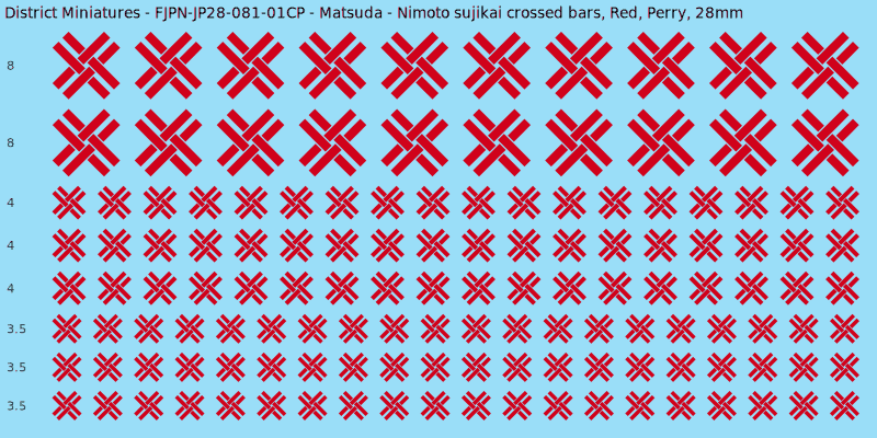 Matsuda Clan mon, Red waterslide decal sheet, Perry banner sizes, 28mm