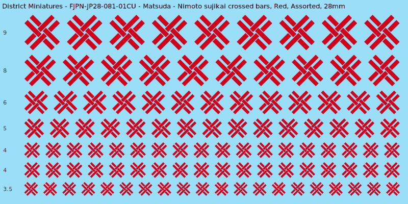 Matsuda clan mon, Nimoto sujikai crossed bars, Red waterslide decal sheet, 28mm