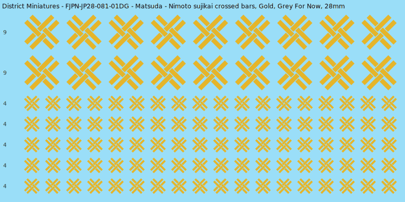 Matsuda Clan mon, Yellow/Gold waterslide decal sheet, Grey For Now banner sizes, 28mm