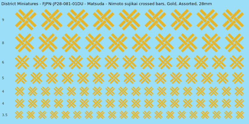 Matsuda clan mon, Nimoto sujikai crossed bars, Gold waterslide decal sheet, 28mm